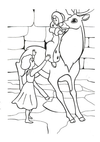 Gerda Is Trying To Reach Kai On Reindeer Coloring Page